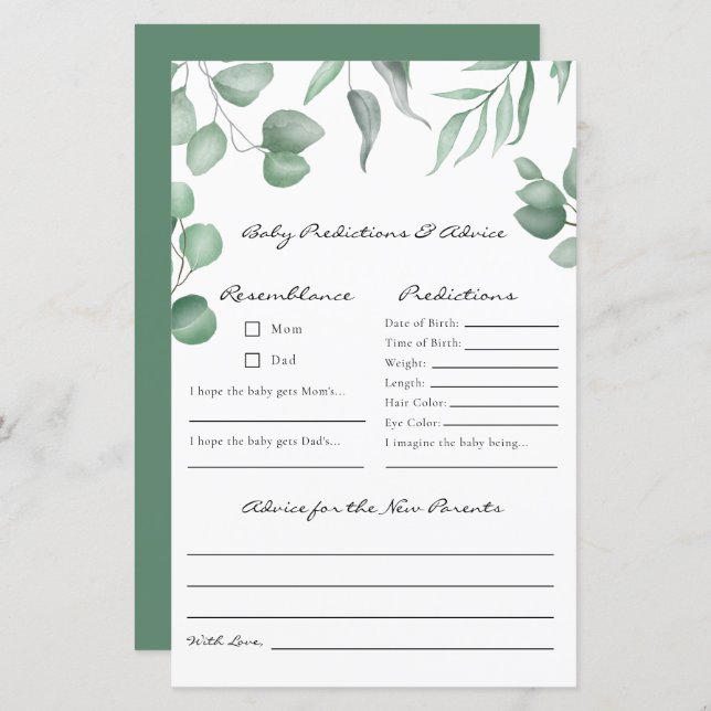 Eucalyptus Baby shower Game Voorspellingen & Advie (Voorkant / Achterkant)