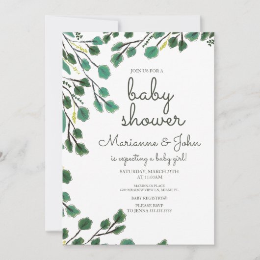 Eucalyptus Baby shower Hand Drawn Leaf Invitation Kaart (Voorkant)