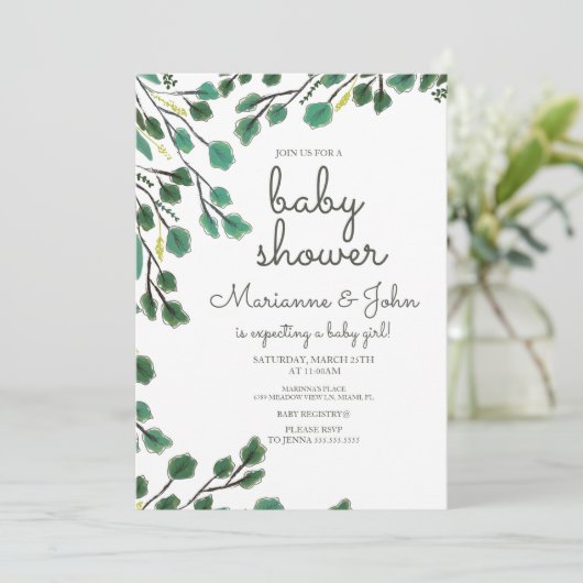 Eucalyptus Baby shower Hand Drawn Leaf Invitation Kaart (Staand voorkant)