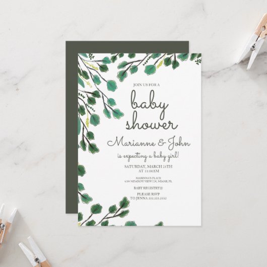 Eucalyptus Baby shower Hand Drawn Leaf Invitation Kaart (Voorkant / Achterkant in situ)