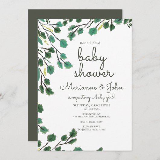 Eucalyptus Baby shower Hand Drawn Leaf Invitation Kaart (Voorkant / Achterkant)