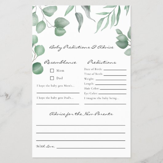 Eucalyptus baby shower spel voorspellingen & advie flyer (Voorkant)