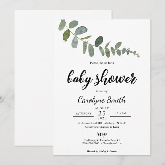 Eucalyptus Baby shower Uitnodiging Sjabloon (Voorkant / Achterkant)