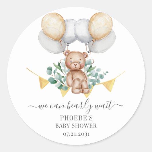 Eucalyptus Baby shower vroeg wachten Beer & ballon Ronde Sticker (Voorkant)
