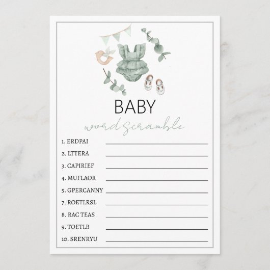 Eucalyptus baby shower woordscramble advieskaart (Voorkant)