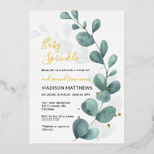 Eucalyptus Baby Sprinkle Greenery & Gold Foil Inv Folie Uitnodiging