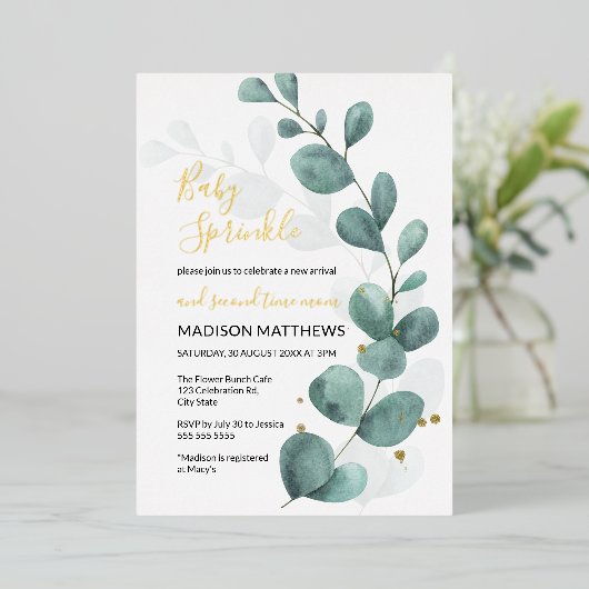 Eucalyptus Baby Sprinkle Greenery & Gold Foil Inv Folie Uitnodiging (Staand Voorkant)