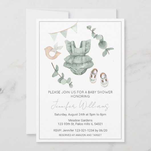 Eucalyptus babymeisje: uitnodiging voor douche (Voorkant)