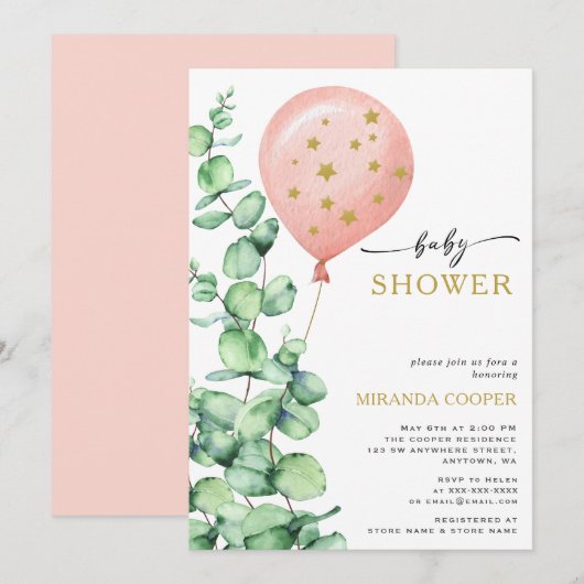 Eucalyptus ballon Baby Girl Shower Kaart (Voorkant / Achterkant)