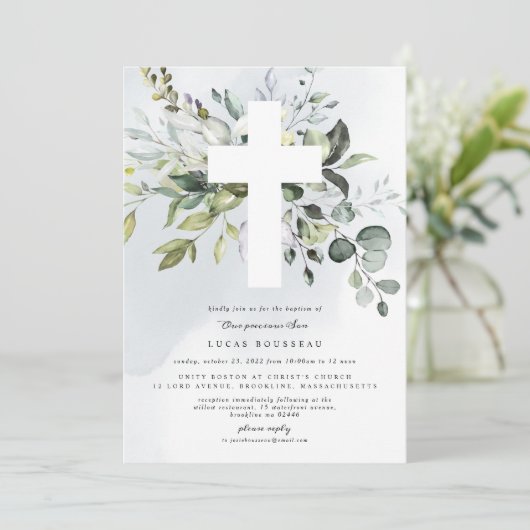 Eucalyptus Baptism Christening Boy Uitnodiging (Staand voorkant)