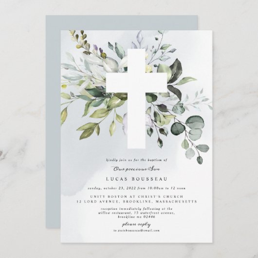 Eucalyptus Baptism Christening Boy Uitnodiging (Voorkant / Achterkant)