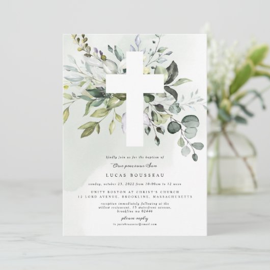 Eucalyptus Baptism Christening Uitnodiging (Staand voorkant)