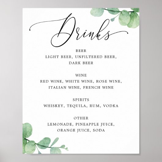 Eucalyptus Bar Menu Bord | Elegante Trouwdranken Poster (Voorkant)