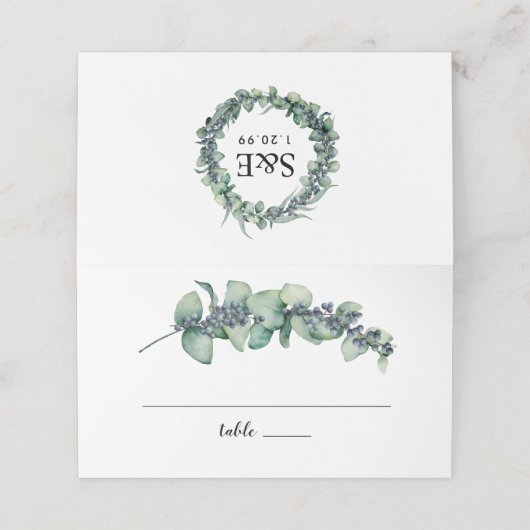 Eucalyptus Berry Botanische Monogram Bruiloft Plaatskaartje (Buitenkant ongevouwen)