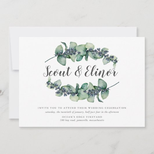 Eucalyptus Berry minimalistische botanische bruilo Kaart (Voorkant)