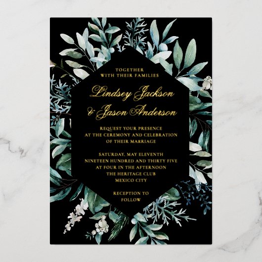 Eucalyptus Black en Gold Foil geperst huwelijk Folie Uitnodiging (Voorkant)