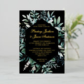 Eucalyptus Black en Gold Foil geperst huwelijk Folie Uitnodiging (Staand Voorkant)