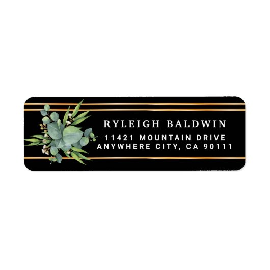 Eucalyptus Black Gold Stripes Return Address Label (Voorkant)