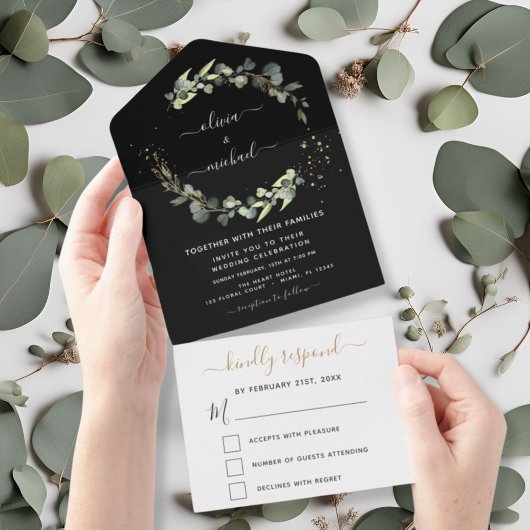 Eucalyptus Black Greenery Wedding Elegant Modern All In One Uitnodiging