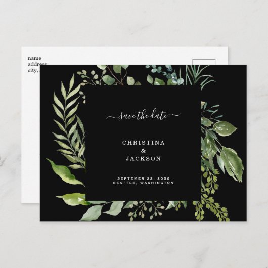 Eucalyptus Black Weddencode QR-code Save the Date Aankondigingskaart (Voorkant / Achterkant)