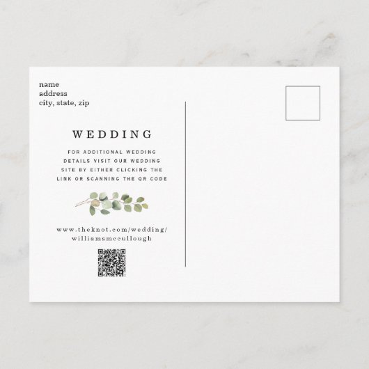 Eucalyptus Black Weddencode QR-code Save the Date Aankondigingskaart (Achterkant)