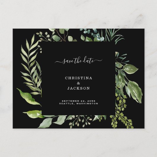 Eucalyptus Black Weddencode QR-code Save the Date Aankondigingskaart (Voorkant)