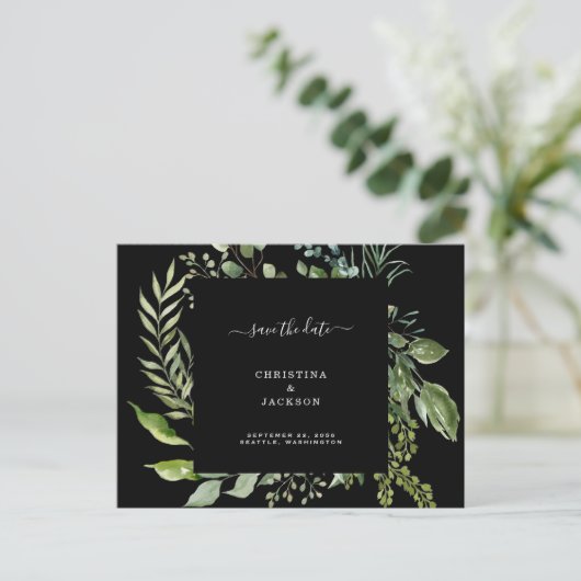 Eucalyptus Black Weddencode QR-code Save the Date Aankondigingskaart (Staand voorkant)
