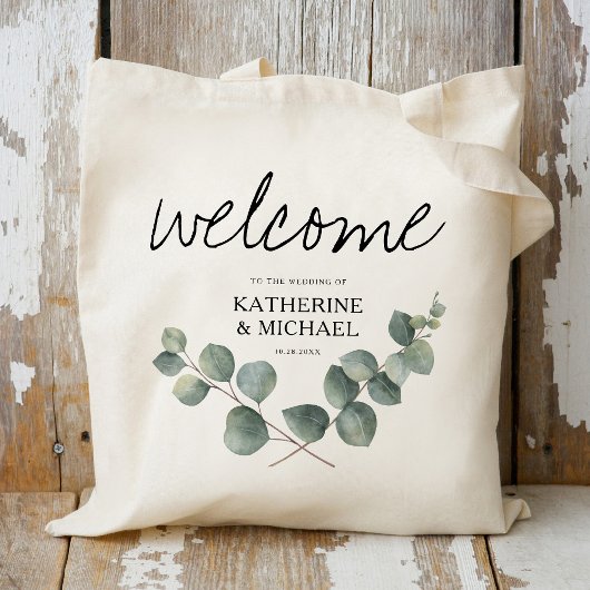 Eucalyptus blad bruiloft welkom gunst tote bag