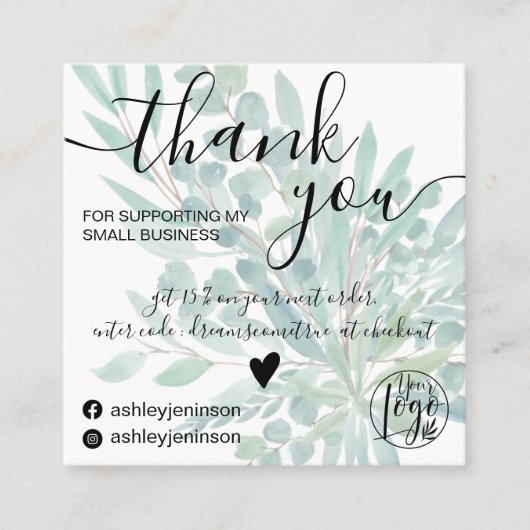 Eucalyptus blad waterverf groene orde dank u vierkante visitekaartje (Voorkant)
