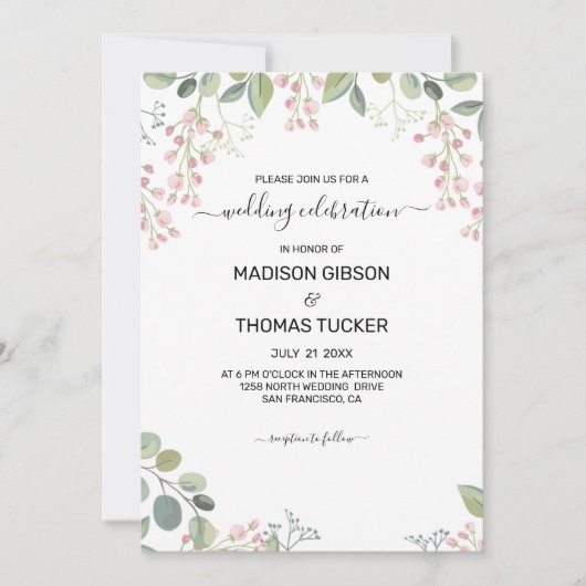 Eucalyptus bladeren en roze bloemen bruiloft kaart (Voorkant)