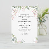 Eucalyptus bladeren en roze bloemen bruiloft kaart (Staand voorkant)