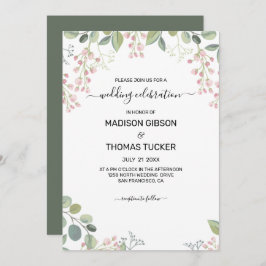 Eucalyptus bladeren en roze bloemen bruiloft kaart