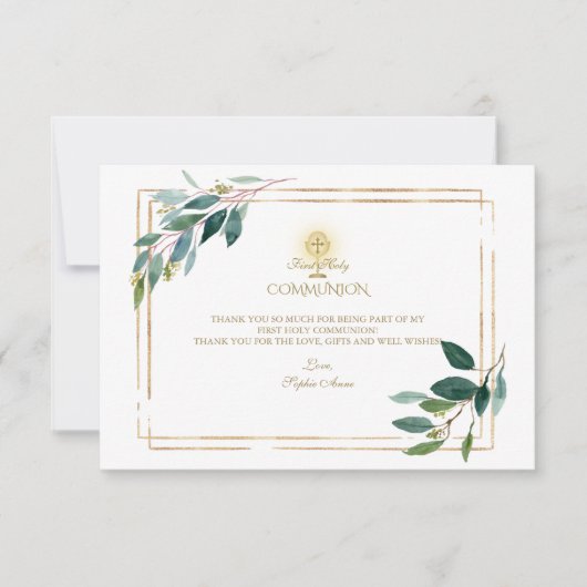 Eucalyptus Bladeren Goud Eerste Heilige Communie  Bedankkaart (Voorkant)