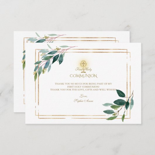 Eucalyptus Bladeren Goud Eerste Heilige Communie  Bedankkaart (Voorkant / Achterkant)