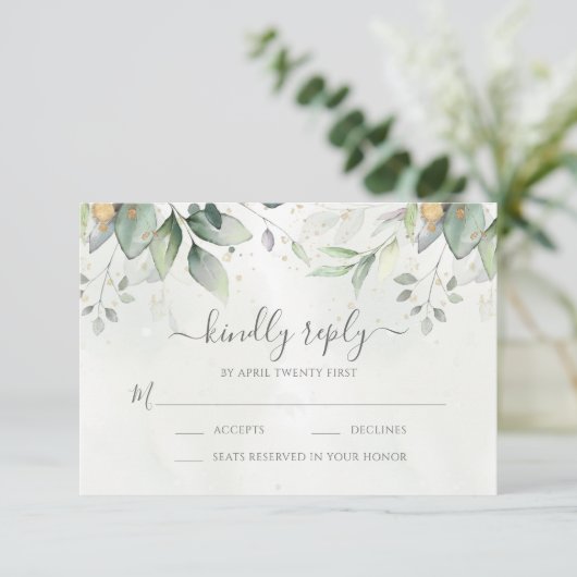 Eucalyptus Bladeren Gouden Eetopties Bruiloft RSVP Kaartje (Staand voorkant)