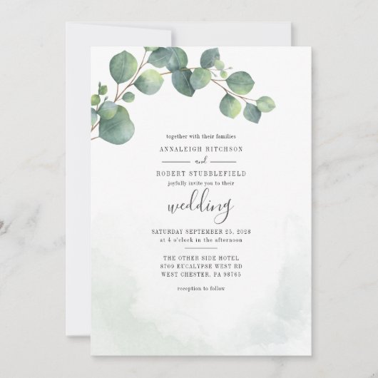 Eucalyptus Bladeren Groene Script Bruiloft Kaart (Voorkant)