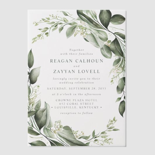 Eucalyptus bladeren krans moderne bruiloft vellum uitnodigingen (Voorkant)