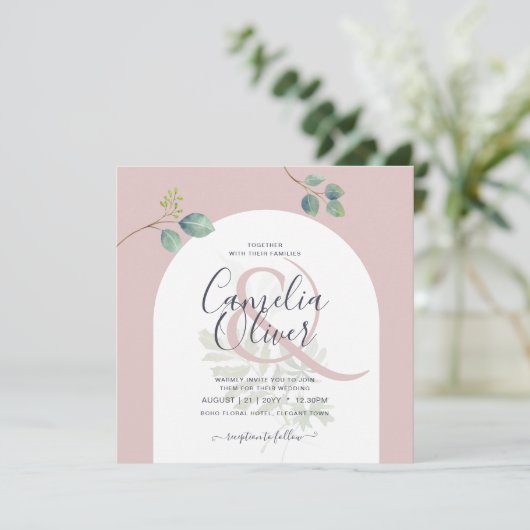 Eucalyptus Bladeren Overlay Boog Bruiloft Kaart (Staand voorkant)