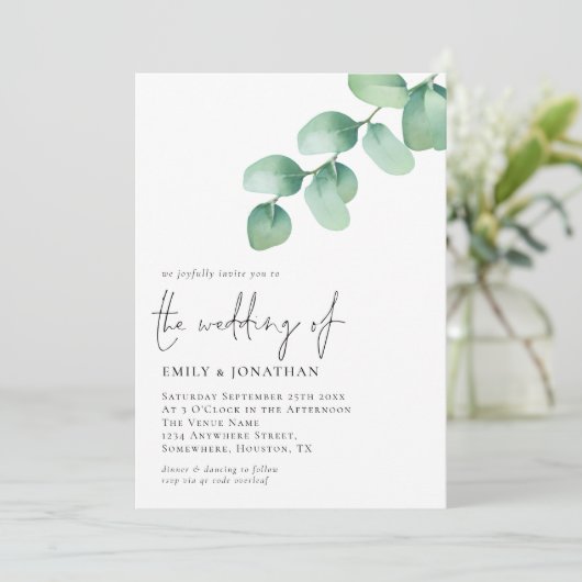 Eucalyptus Bladeren QR Code Script Trouwen Kaart (Staand voorkant)