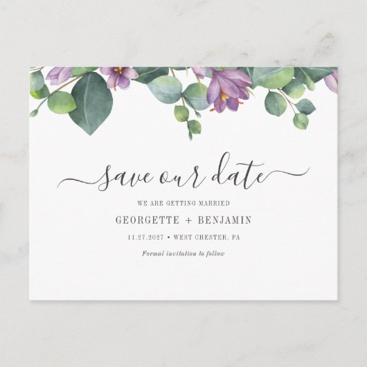 Eucalyptus Bladeren Script Groenery Bewaar de Datu Aankondigingskaart (Voorkant)
