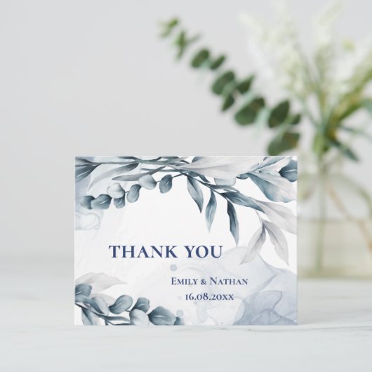 Eucalyptus bladeren stoffig blauwe bruiloft dank j briefkaart (Staand voorkant)