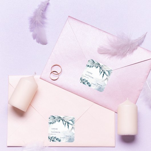 Eucalyptus bladeren stoffig blauwe trouw bruidsboe vierkante sticker