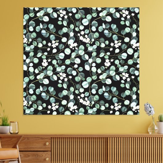 Eucalyptus bladeren: witte bloemen patroon canvas afdruk (Insitu (Woonkamer))