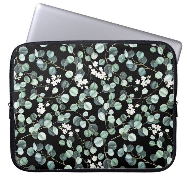 Eucalyptus bladeren: witte bloemen patroon laptop sleeve (Voorkant)