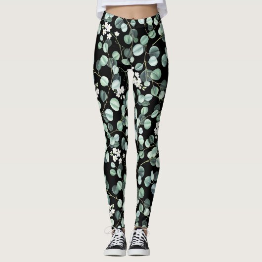 Eucalyptus bladeren: witte bloemen patroon leggings (Voorkant)