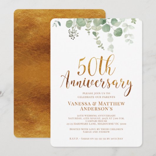 Eucalyptus Bladgroen Goud 50e Jubileum Kaart (Voorkant / Achterkant)