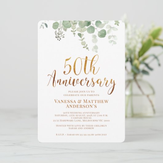 Eucalyptus Bladgroen Goud 50e Jubileum Kaart (Staand voorkant)
