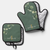 Eucalyptus Bladgroen Monogram Script Elegant Ovenwant & Pannenlap Set (Voorkant / Achterkant)