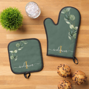 Eucalyptus Bladgroen Monogram Script Elegant Ovenwant & Pannenlap Set