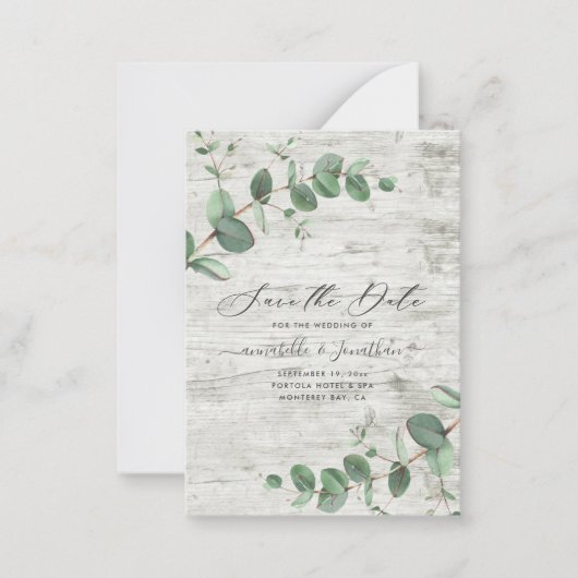 Eucalyptus-bladgroen wit hout Bespaar de datum Notitiekaartje (Voorkant)